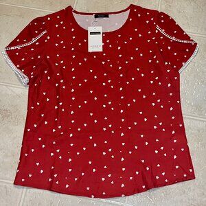 Aogesi Large Women’s Red and White Heart Design Short Sleeve Top NEW NWT